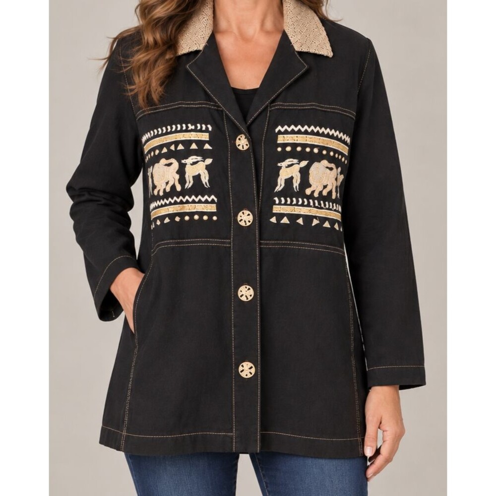 Vintage Saint Germain Paris Jacket Embroidered Elephants Black Boho Art to Wear